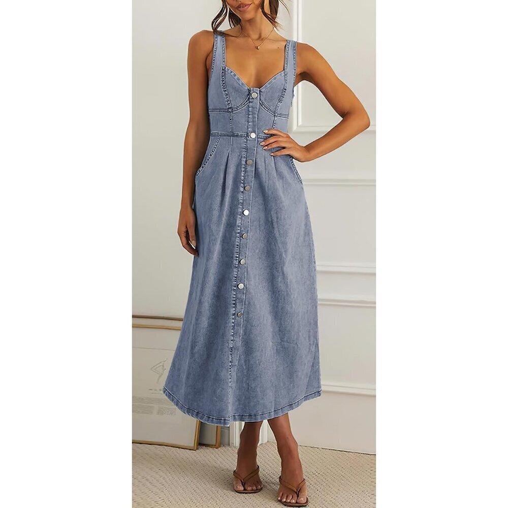 Stretchy Smocked Denim Dress Women Sleeveless Button Down Midi Casual - Picture 7 of 7
